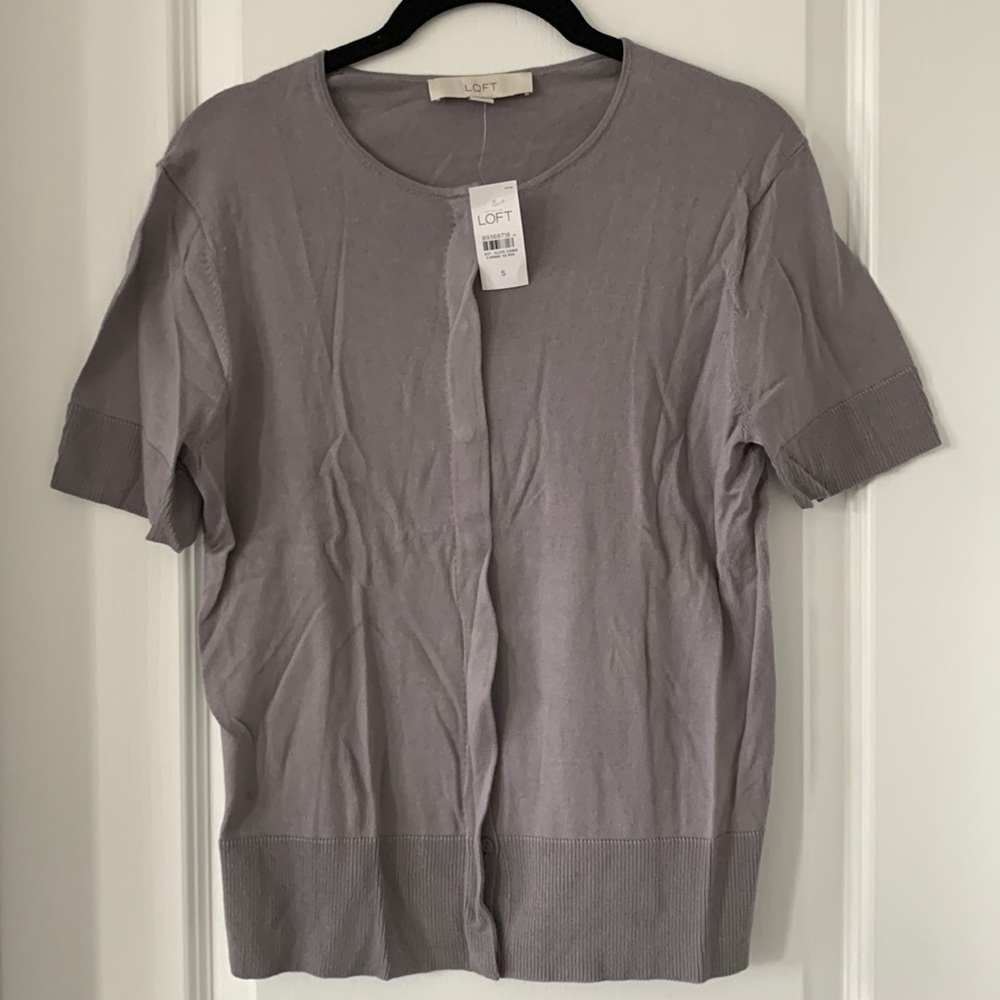 NWT LOFT Purple 100% Pima Cotton Knit Button Front Short Sleeves Top Size Small